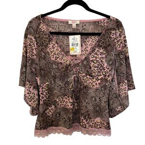 Candies Y2K Vtg Babydoll Top Size L NWT Leopard Lace Kimono Sleeve Festival